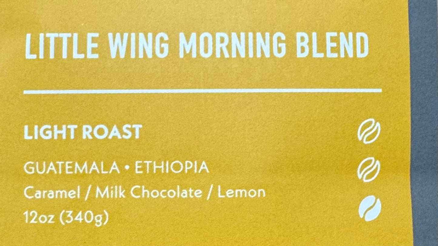 The Little Wing Morning Blend by My Store is a light roast coffee in a yellow label, crafted from top Guatemalan and Ethiopian beans with caramel, milk chocolate, and lemon notes; available in 12oz (340g).