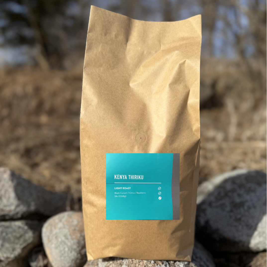 A brown paper coffee bag with a teal label reading Kenya Nyeri by Chickadee Coffee Roasters, featuring tasting notes of black currant, citrus, and raspberry, highlights this light roast Kenyan coffee as it sits on rocks outdoors.