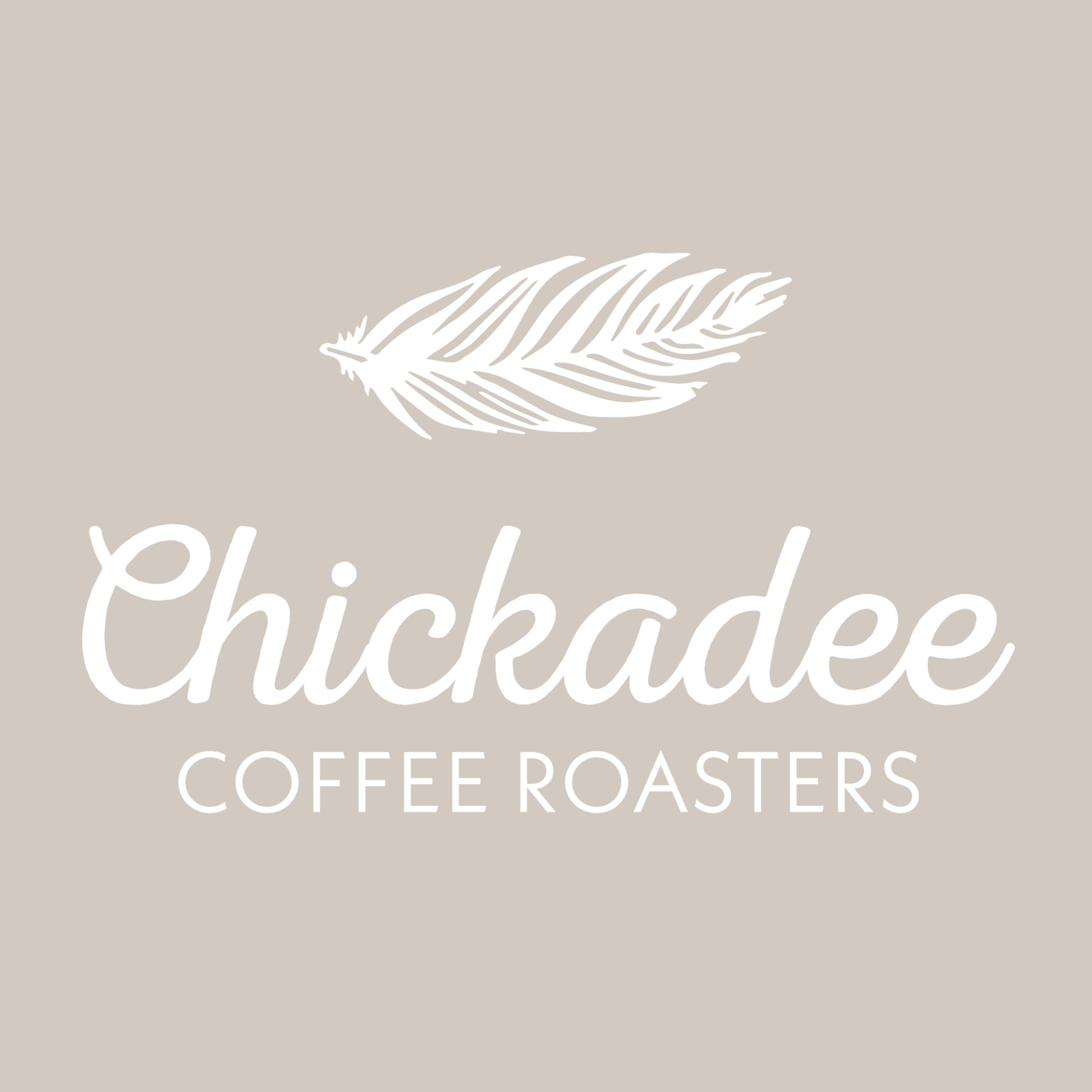 The Chickadee Coffee Gift Card features the brand’s logo—a white feather above the company name in a stylish white font on beige—capturing the fresh energy of every roast, making it a perfect gift for any coffee lover.