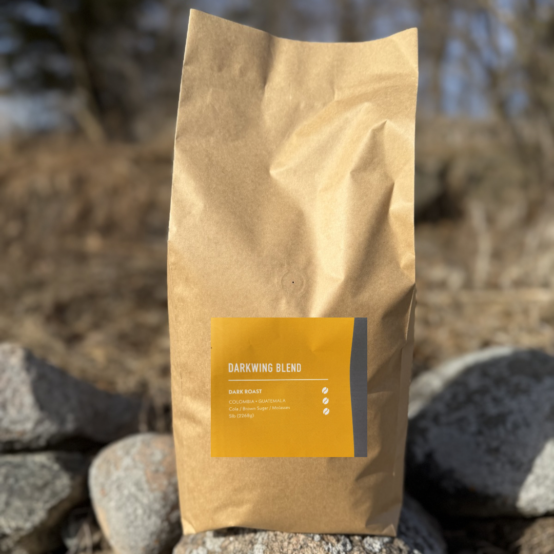 A brown paper bag labeled My Store Darkwing Blend dark roast coffee, featuring bold Colombian and Guatemalan beans, stands on rocks outdoors with a blurred background of trees and earth.