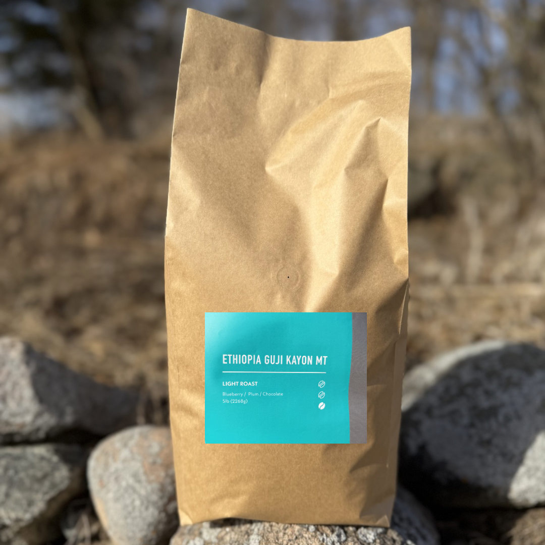 A brown paper bag of Chickadee Coffee Roasters' Ethiopia Guji Kayon Mt sits on rocks outdoors, showcasing this Ethiopian light roast coffee with its blue label against a blurred backdrop of trees and dry bushes.