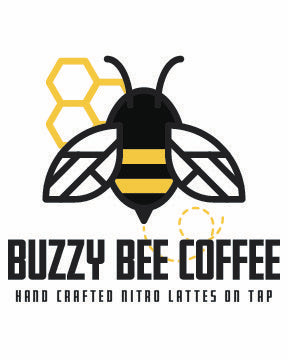 Logo for Chickadee Coffee Roasters featuring a stylized bee with yellow and black stripes, honeycomb accents, and the product name Buzzy Bee Blend with the tagline Hand Crafted Nitro Lattes on Tap below.
